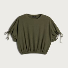 F&F Textured Ruched Sleeve Balloon Hem Top in Khaki