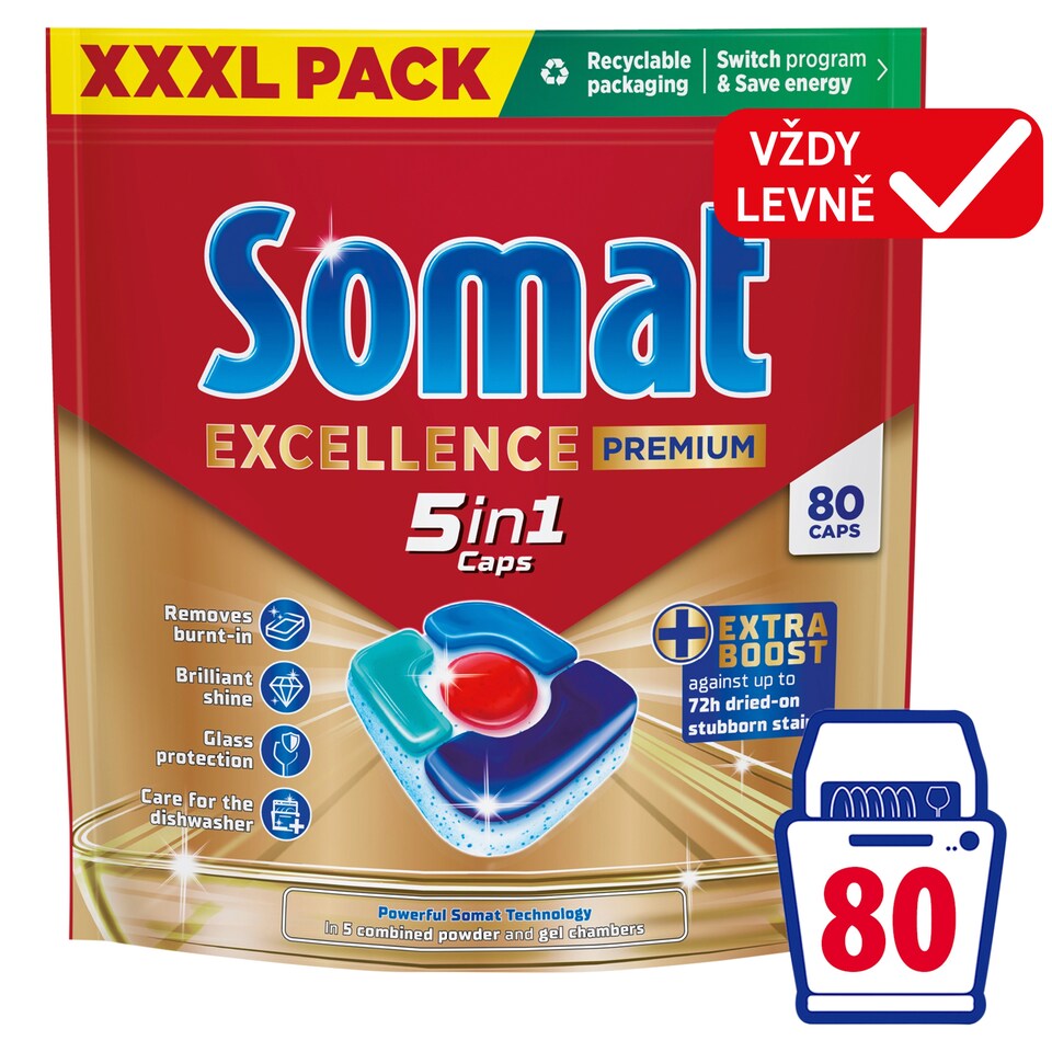 Somat Excellence Premium 5in1 Capsules for Automatic Dishwasher 80 pcs 1488g