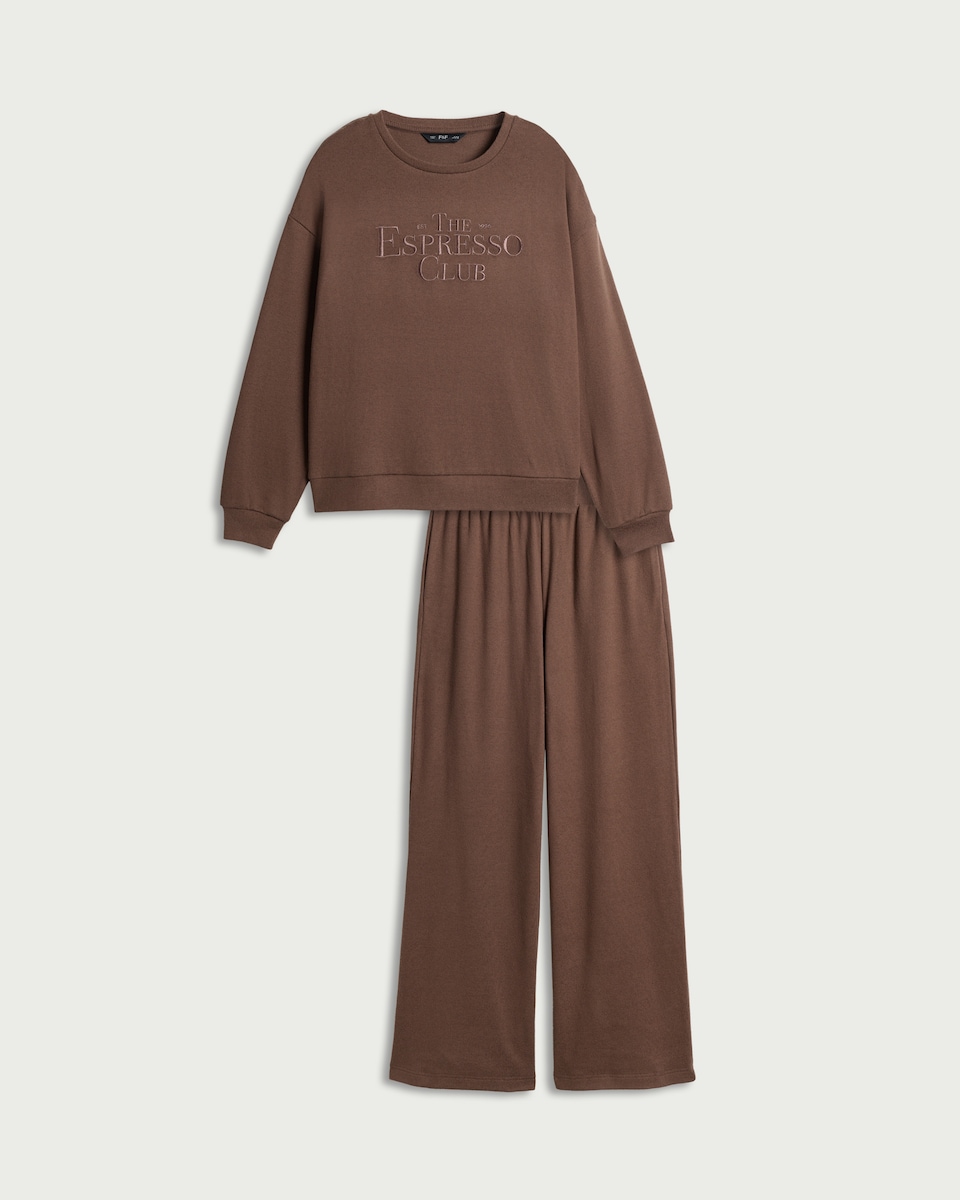 image 1 of F&F Embroidered Sweatshirt Pyjama Set in Chocolate