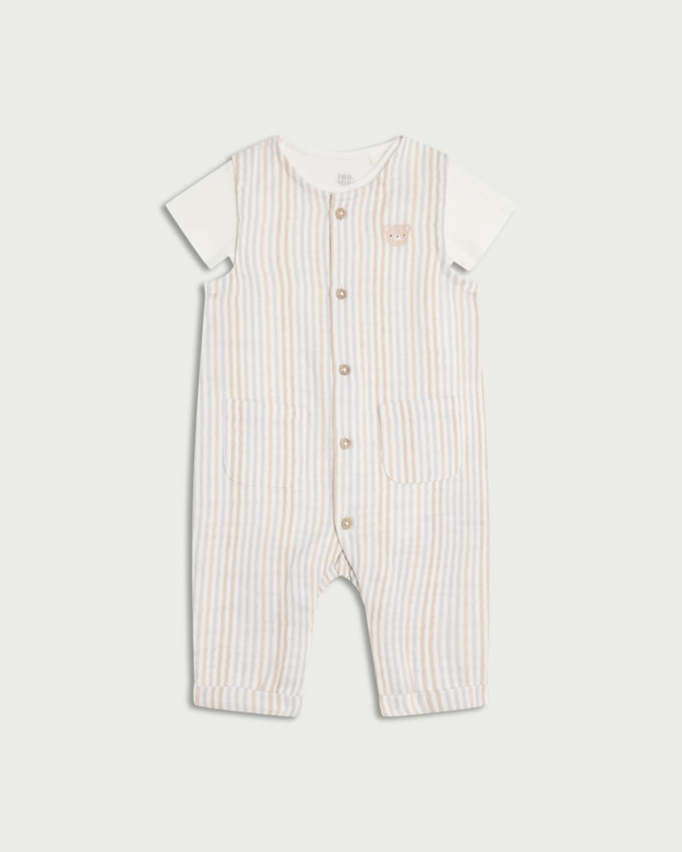 image 1 of F&F Baby 2-Piece Striped Romper and Bodysuit Set in Med Nude