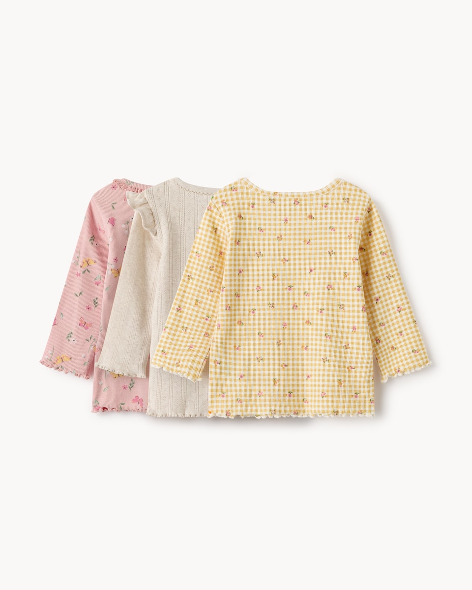 image 1 of F&F Baby 3-Pack Cotton Rich Printed Long Sleeved Tops in Multi