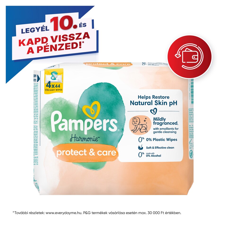 Pampers Harmonie Protect & Care Nedves Törlőkendő, 4 Csomag = 176 db Törlőkendő 1. kép