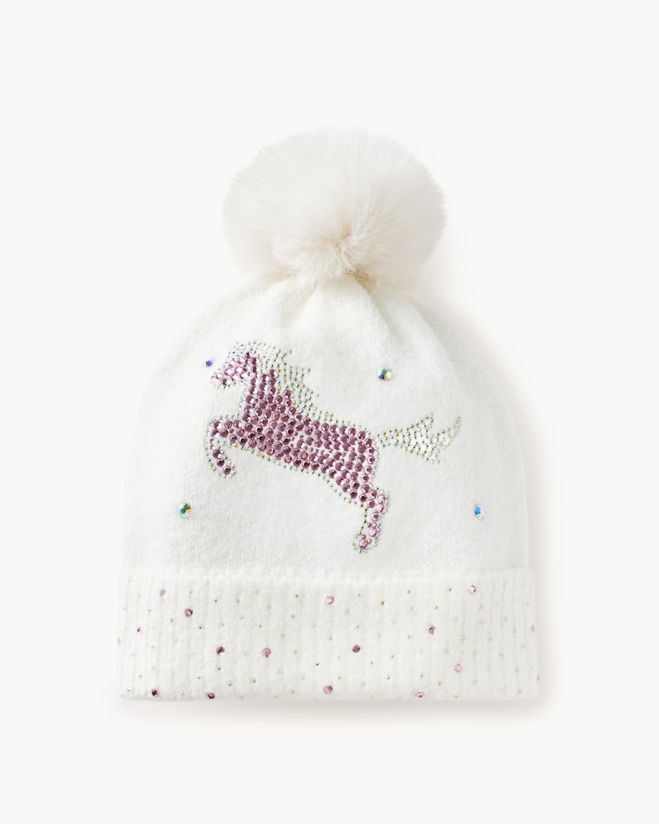 image 1 of F&F Girls Unicorn Embellished Beanie in Cream