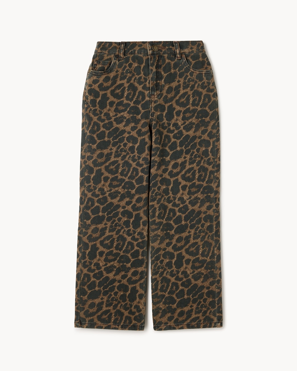 image 1 of F&F Girls Pure Cotton Leopard Print Wide Leg Jeans in Brown