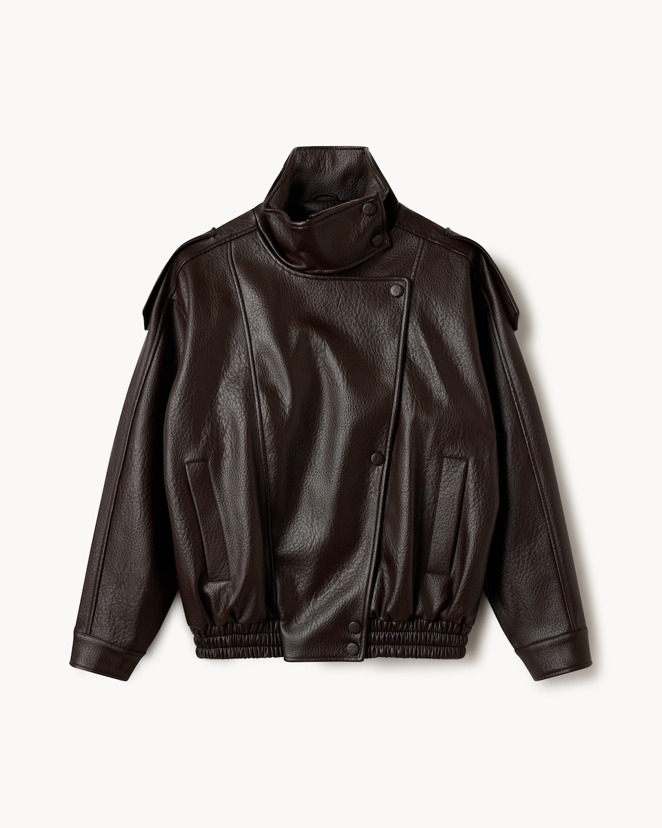 image 1 of F&F Faux Leather Funnel Neck Oversized Fit Jacket in Brown