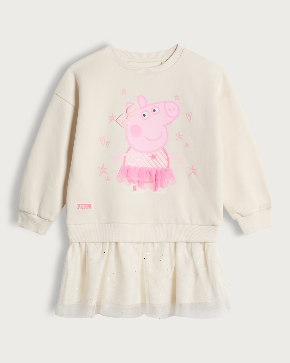 image 1 of Peppa Pig Cotton Rich Tulle Hem Sweatshirt Dress in Cream