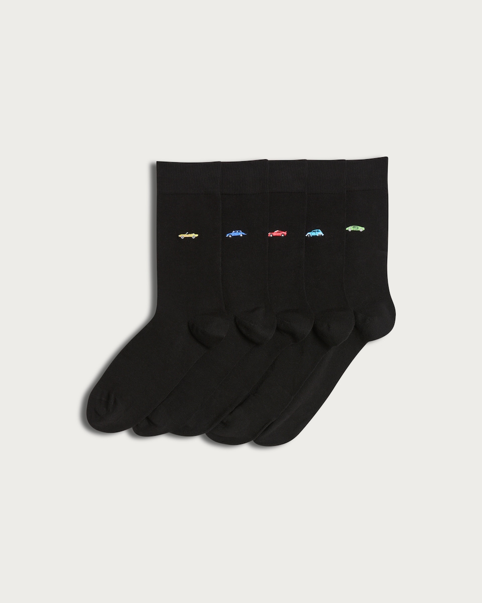 F&F 5-Pack Cotton Rich Car Embroidered Ankle Socks in Black