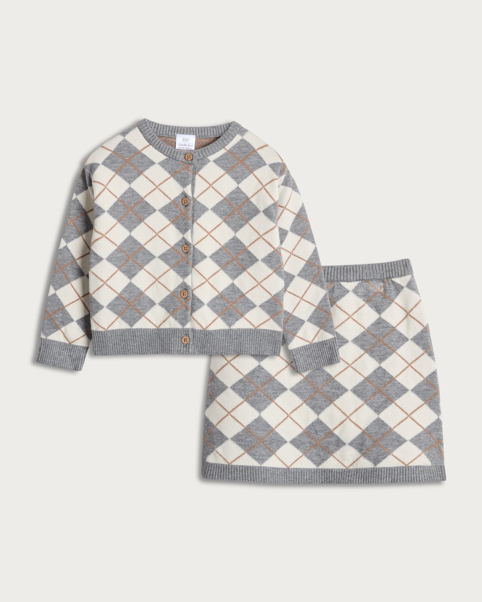 image 1 of F&F x Samantha Faiers 2-Piece Argyle Cardigan and Skirt Set in Grey