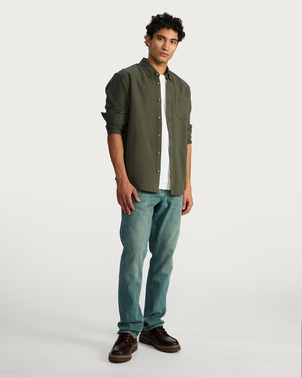 image 1 of F&F Pure Cotton Waffle Textured Button Down Shirt in Khaki