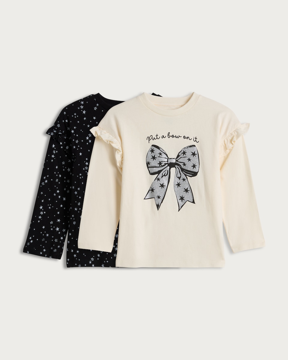 F&F Girls 2-Pack Pure Cotton Glitter Bow Long Sleeved Tops in Cream