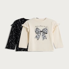 F&F Girls 2-Pack Pure Cotton Glitter Bow Long Sleeved Tops in Cream