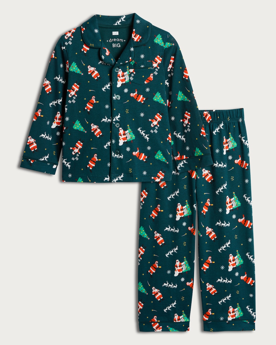 image 1 of F&F Boys Pure Cotton Santa Print Shirt and Trousers Pyjamas in Green