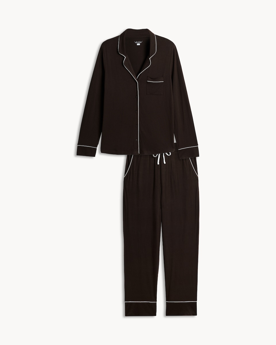 image 1 of F&F Contrast Piping Revere Pyjama Set in Chocolate