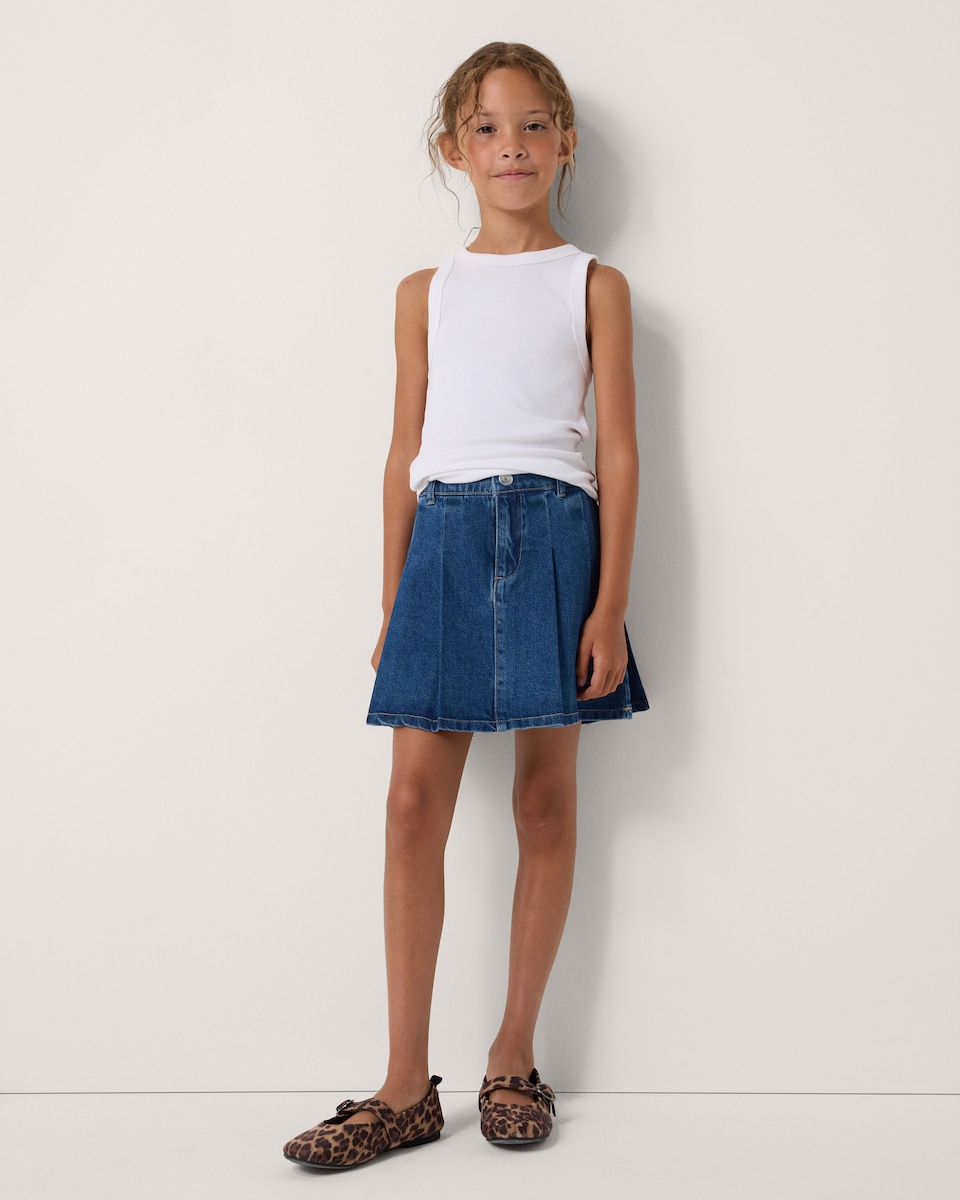 image 1 of F&F Girls Pure Cotton Pleated Denim Skirt in Blue