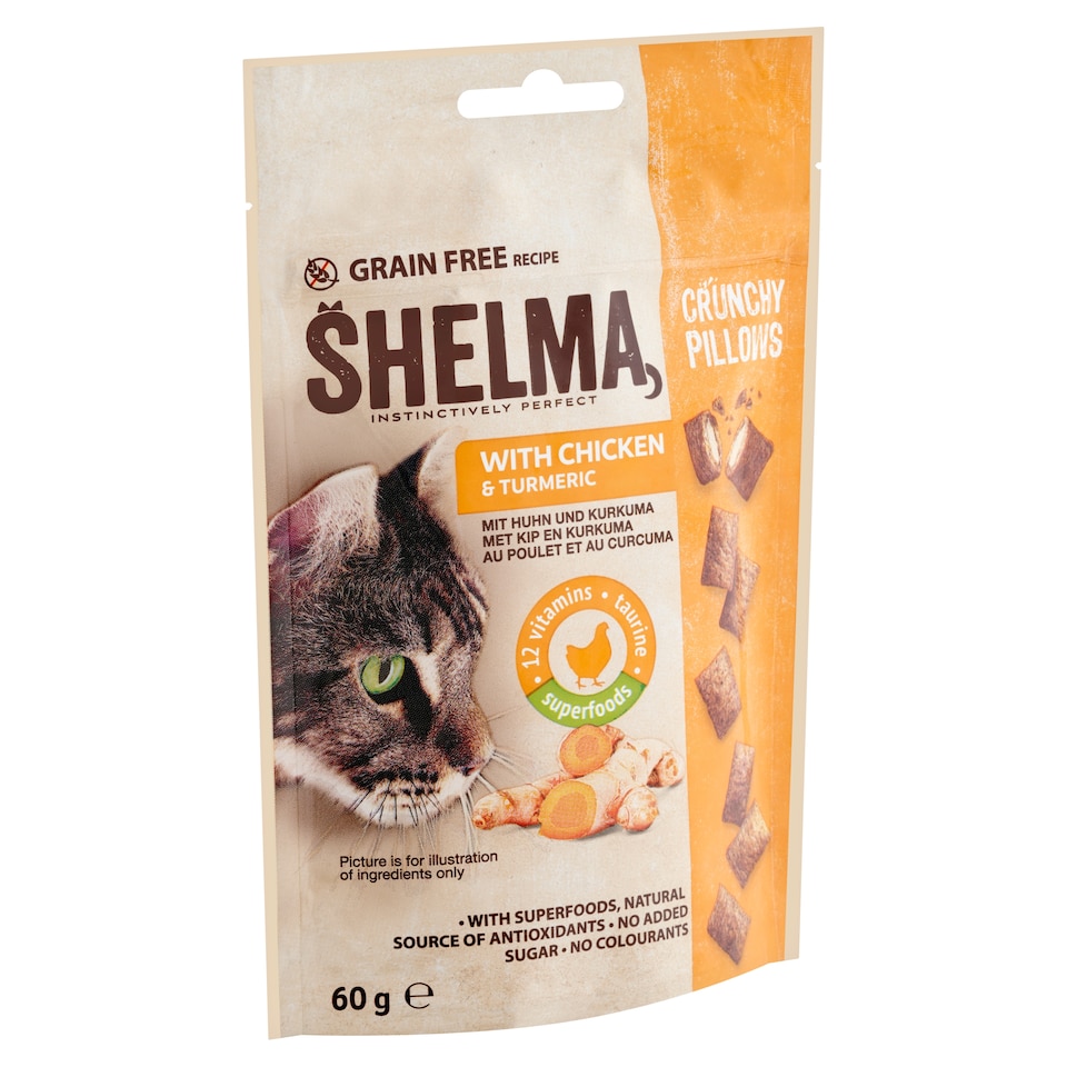 Shelma macska jutalomfalat párnák csirkével, kurkumával, gabonamentes kiegészítő macskaeledel 60 g  1. kép