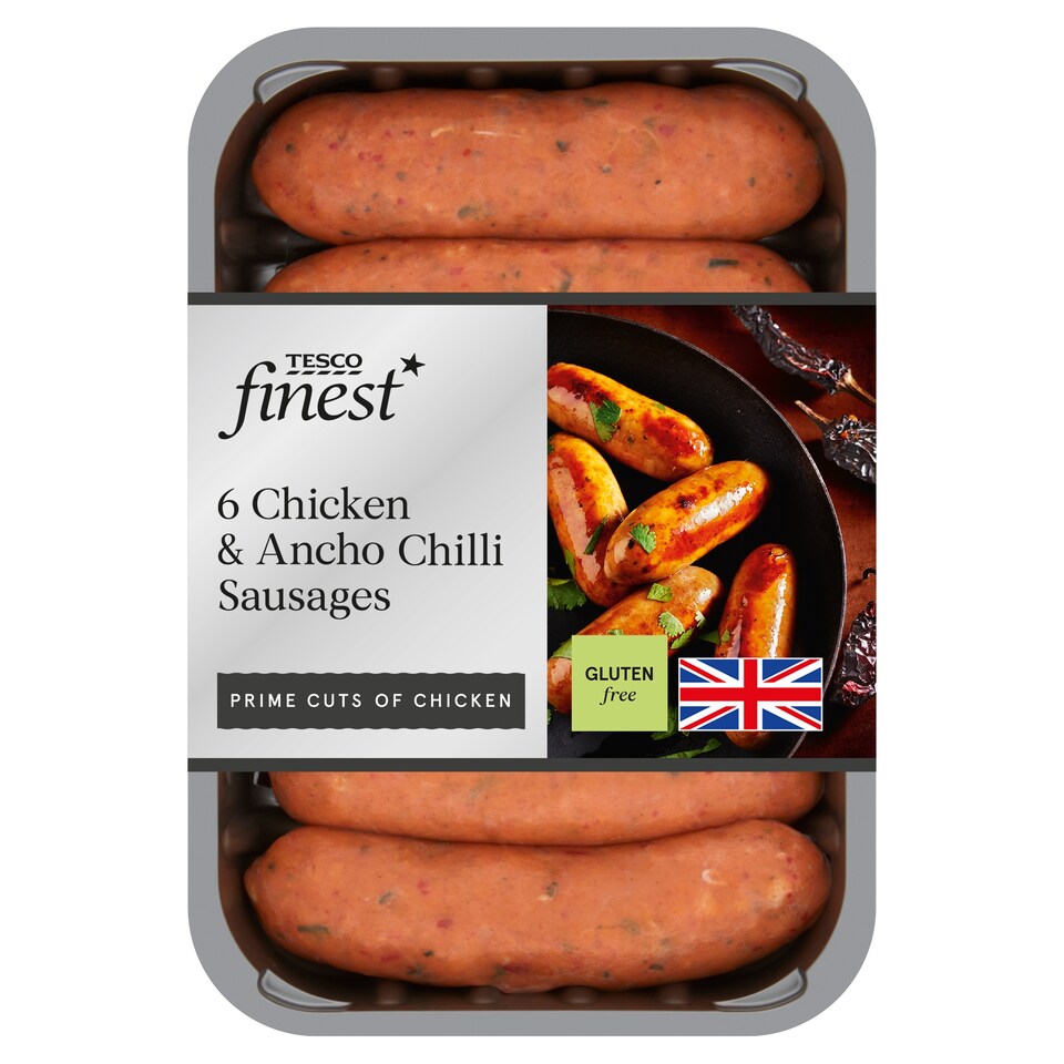 Tesco Finest 6 British Chicken & Ancho Chilli Sausages 360G