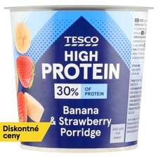 Tesco High Protein instantná ovsená kaša s kúskami mrazom sušených banánov a jahôd 65 g