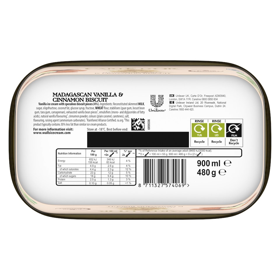 image 1 of Carte D'or Madagascan Vanilla & Cinnamon Biscuit Ice Cream Tub 900ml