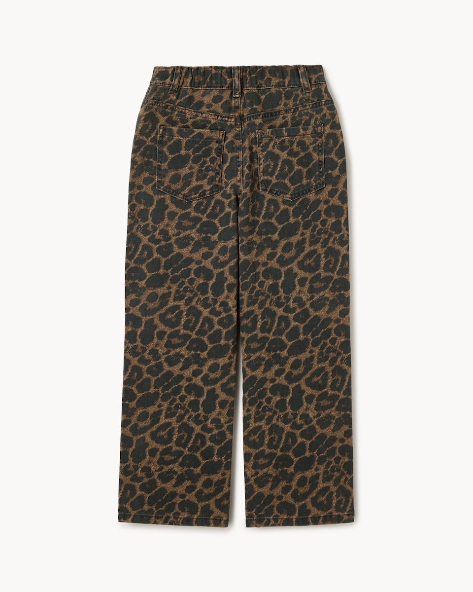 image 1 of F&F Girls Pure Cotton Leopard Print Wide Leg Jeans in Brown