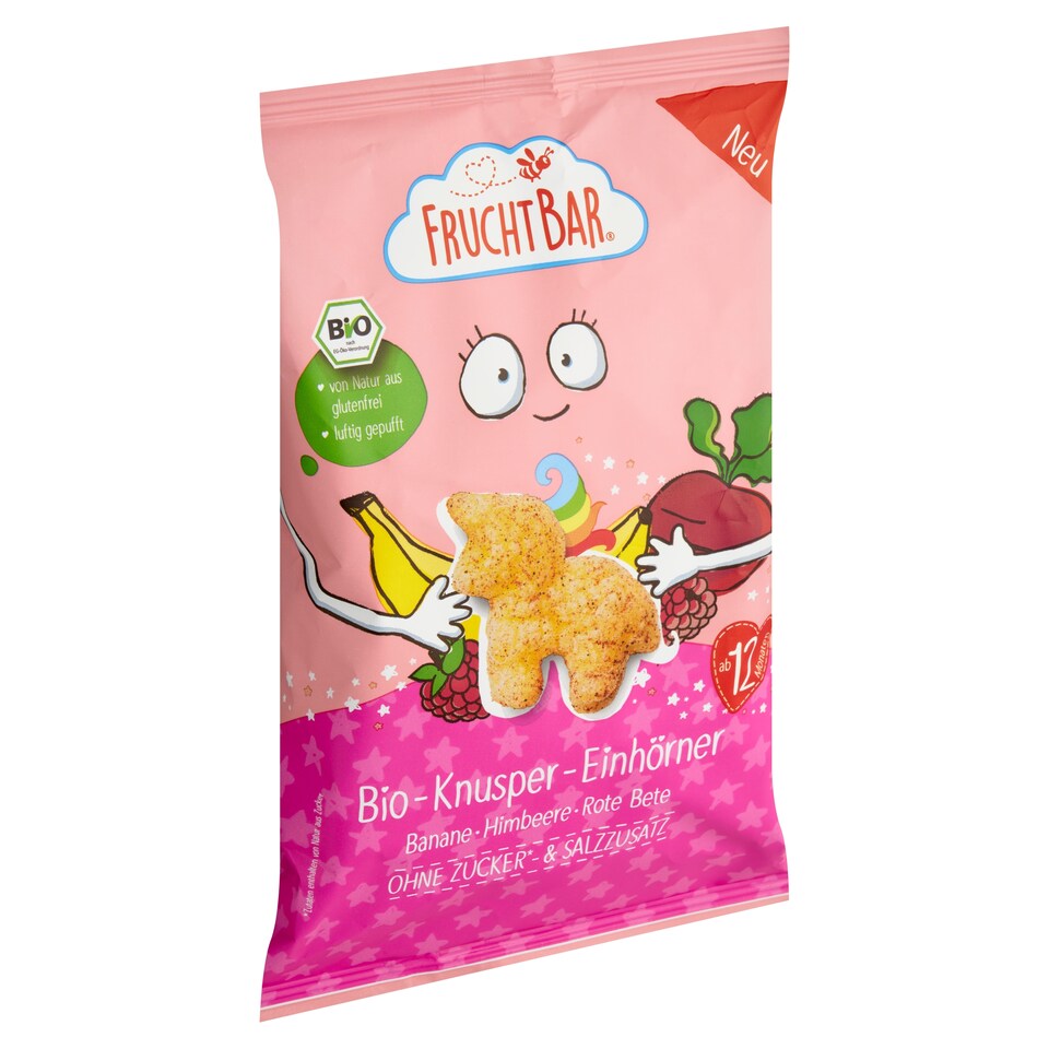 Obrázek 1 pro produkt FruchtBar Bio křupky jednorožec kukuřice, banán, malina a řepa 30g