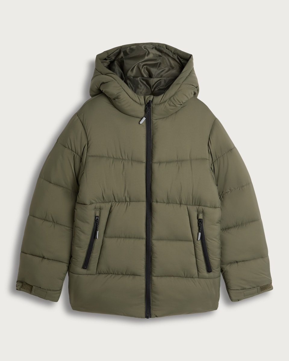 image 1 of F&F Boys Shower Resistant Hooded Puffer Jacket in Khaki