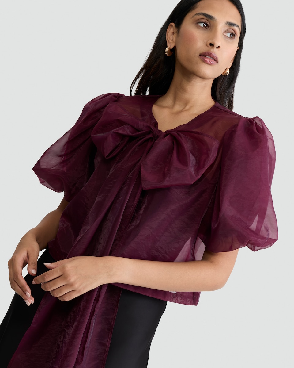 image 1 of F&F Sheer Puff Sleeved Bow Front Blouse in Burgundy