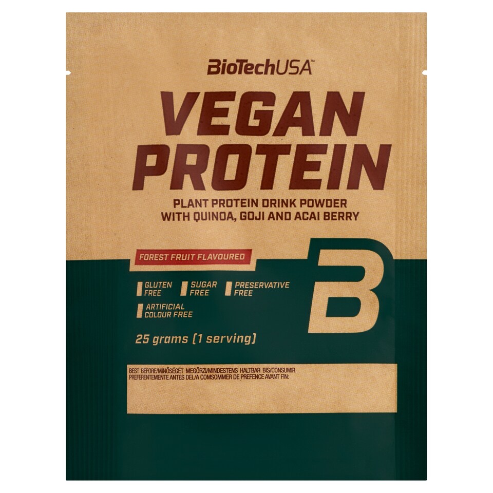 BioTechUSA Vegan Protein erdei gyümölcs ízű növényi fehérje italpor 25 g  1. kép
