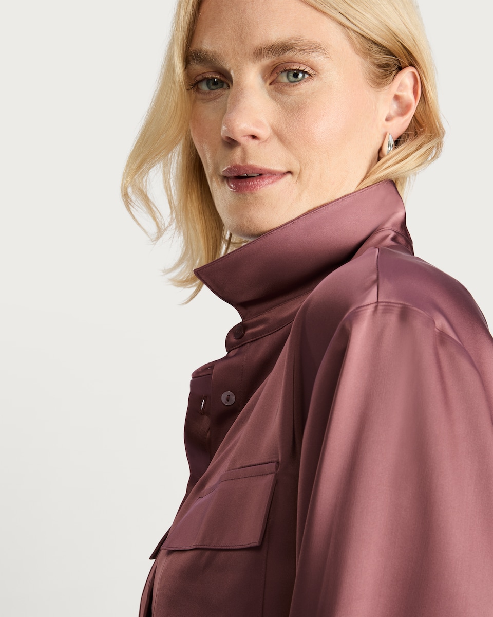image 1 of F&F Satin Pocket Detail Cropped Button Up Shirt in Pink