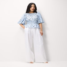 F&F Shirred Puff Sleeve Blouse in Multi Blue