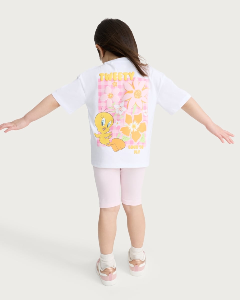 image 1 of Tweety Pie 2-Piece Pure Cotton T-Shirt and Cycling Shorts Set in Multi White