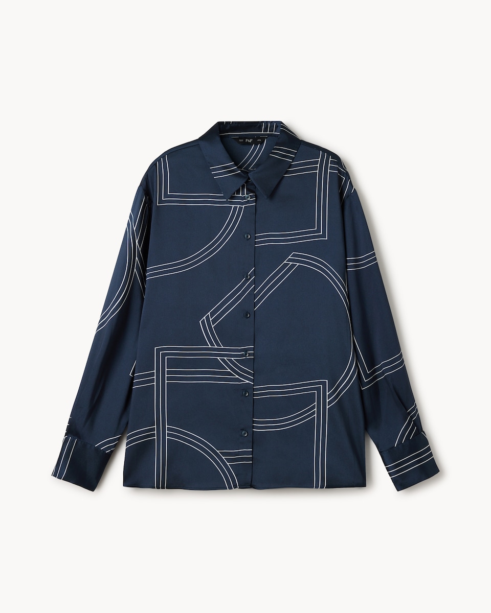 image 1 of F&F Satin Geometric Print Co-ord Shirt in Navy