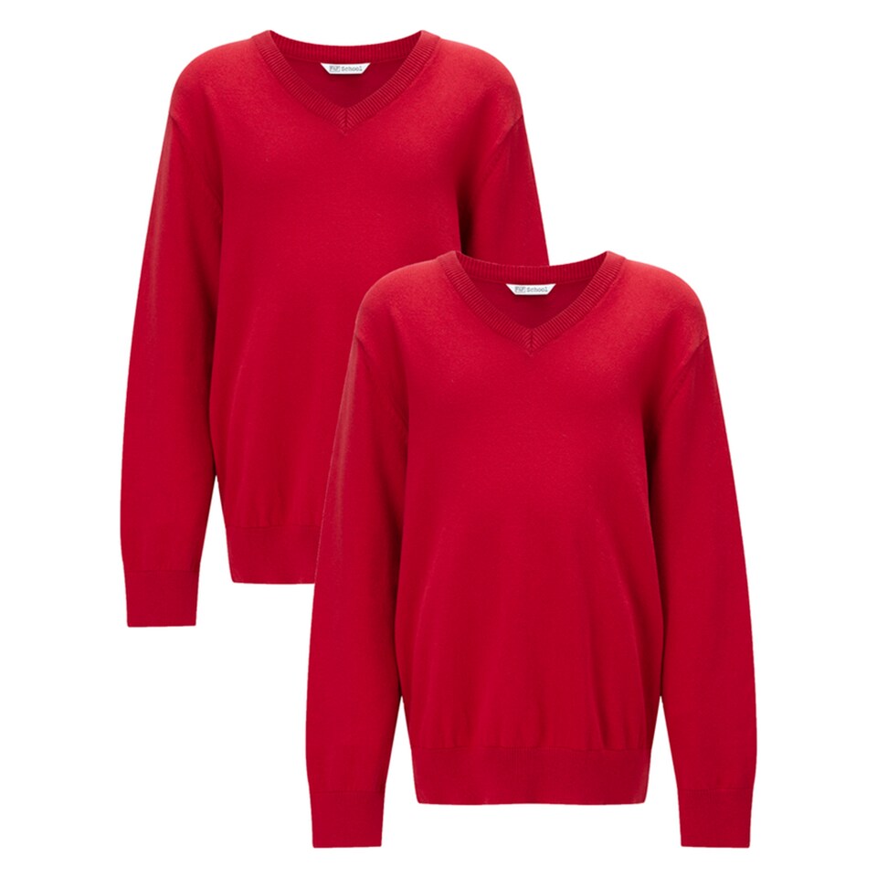 F&F School 2-Pack Pure Cotton V-Neck Jumpers in Red