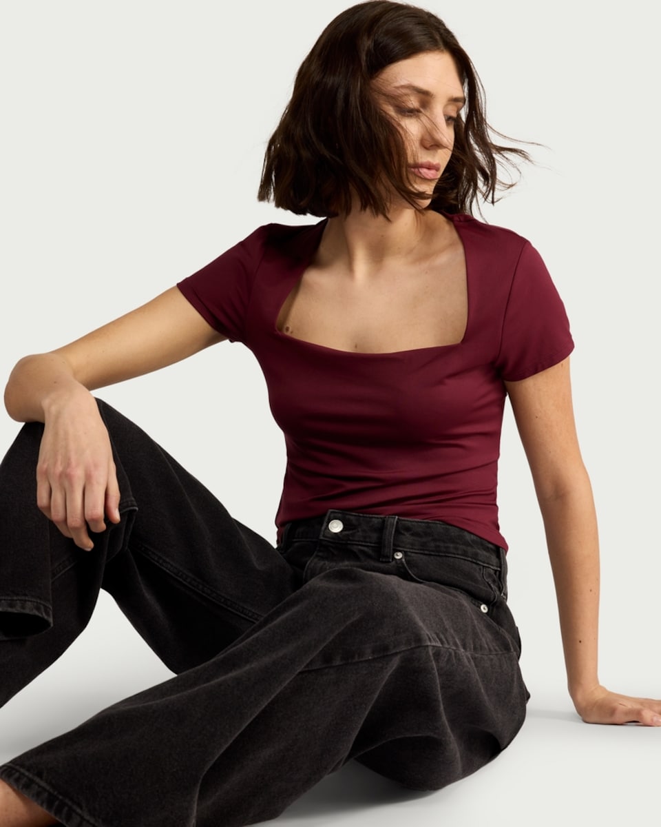 image 1 of F&F Polyamide Square Neck Short Sleeved Top in Purple