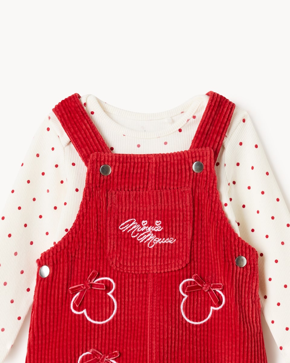 image 1 of Disney Minnie Mouse Corduroy Pinafore, Bodysuit and Tights Set in Red