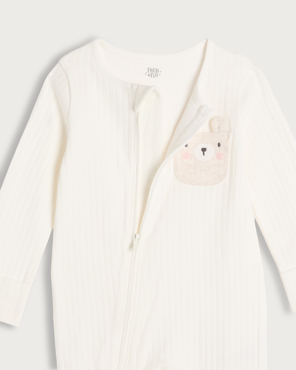 image 1 of F&F Baby 2-Pack Cotton Rich Ribbed Bear Print Sleepsuits in White