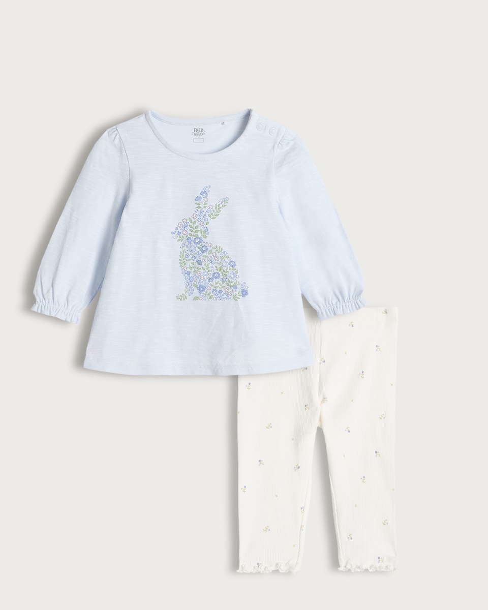 image 1 of F&F Baby 2-Piece Cotton Rich Floral Print Bunny Top and Leggings Set in Blue