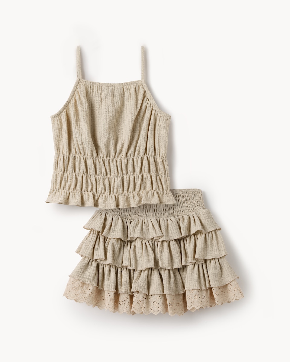 image 1 of F&F Girls 2-Piece Crinkle Textured Top and Tiered Skirt Set in Neutral