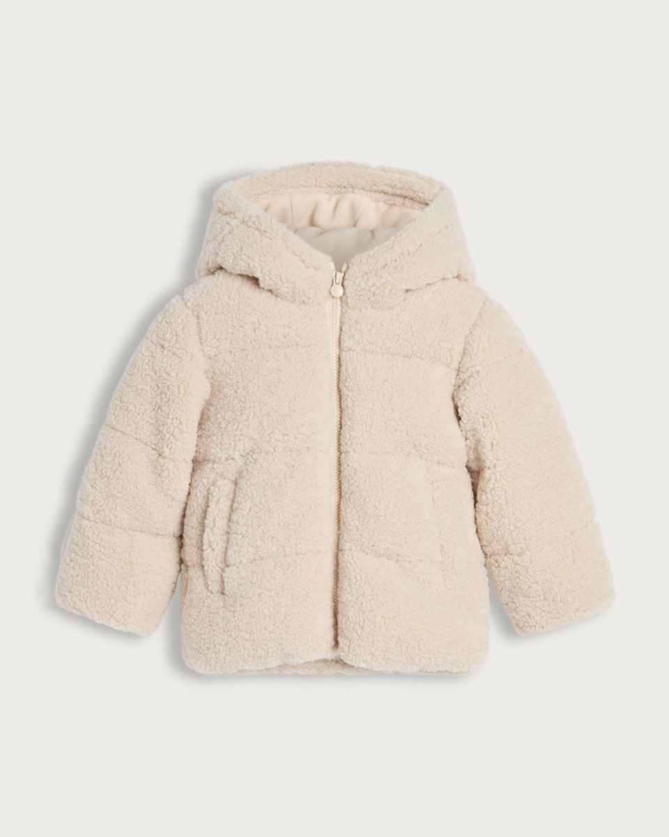 image 1 of F&F Girls Borg Textured Padded Hooded Jacket in Cream