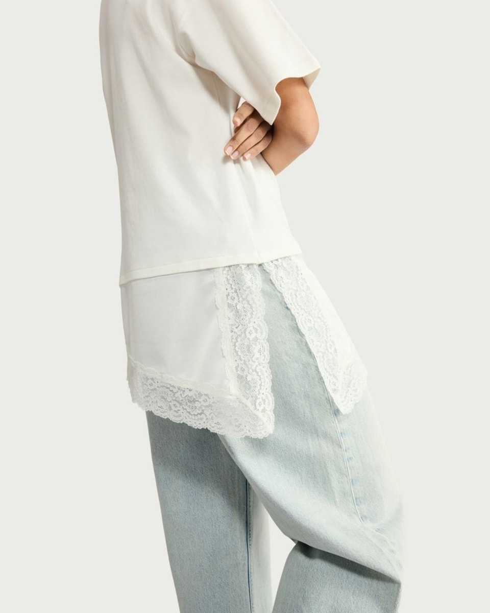 image 1 of F&F Pure Cotton T-Shirt with Lace Hem in White