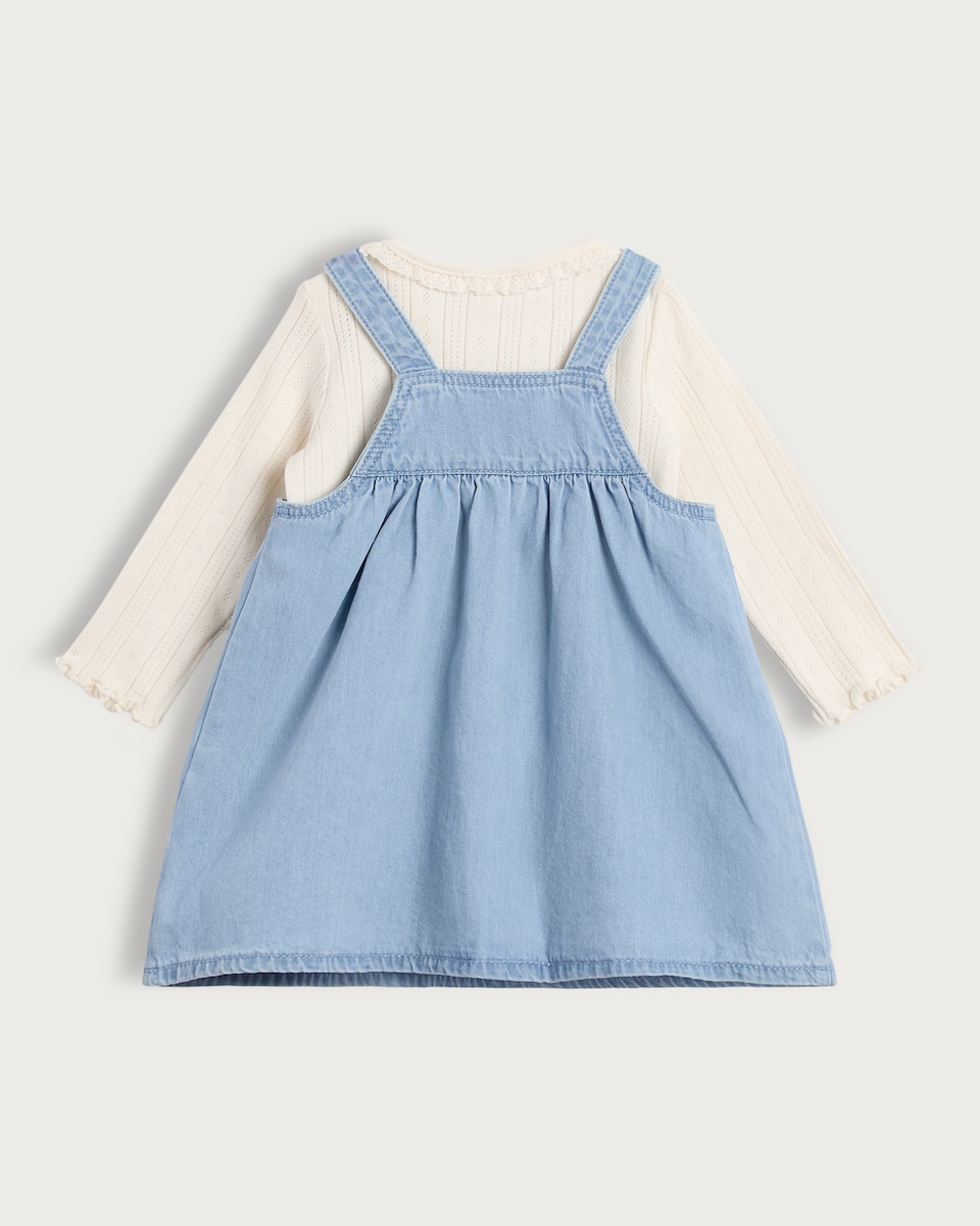 image 1 of F&F Baby 3-Piece Cotton Rich Embroidered Pinafore, Bodysuit and Tight Set in Blue