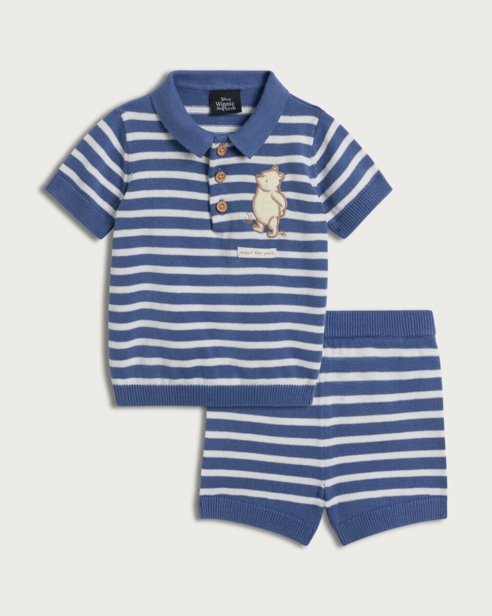 Disney Winnie the Pooh 2-Piece Pure Cotton Striped Polo Shirt and Shorts Set in Blue