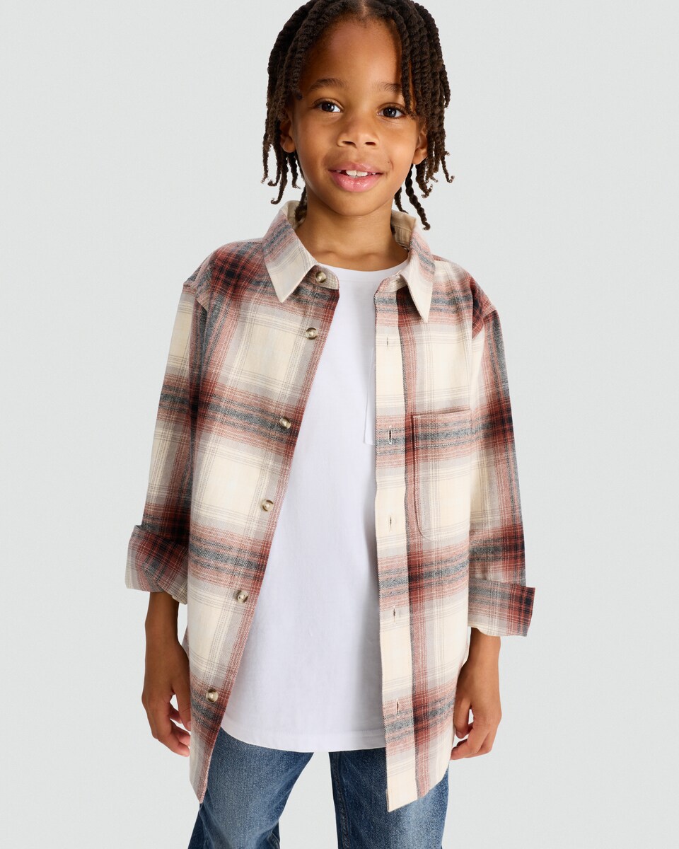 image 1 of F&F Boys Pure Cotton Check Print Long Sleeved Shirt in Brick