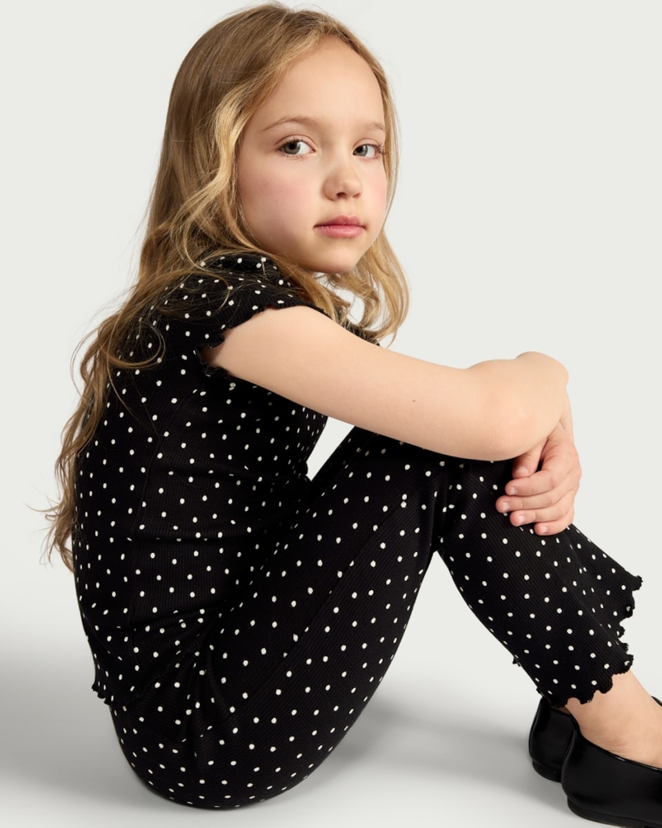 image 1 of F&F Girls 2-Pack Cotton Rich Polka Dot Flared Leggings in Multi Black White