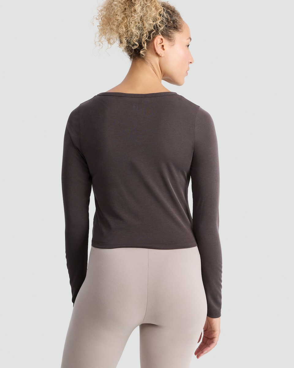image 1 of F&F Active Modal Rich Drawstring Hem Long Sleeved Yoga Top in Brown