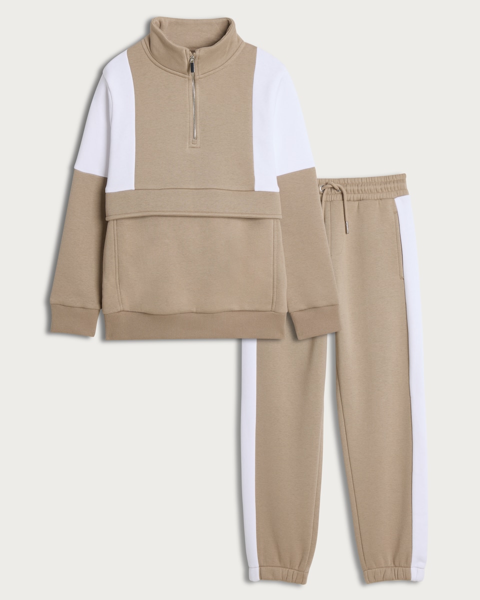 image 1 of F&F Boys 2-Piece Cotton Rich Colour Block Sweatshirt and Joggers Set in Med Nude