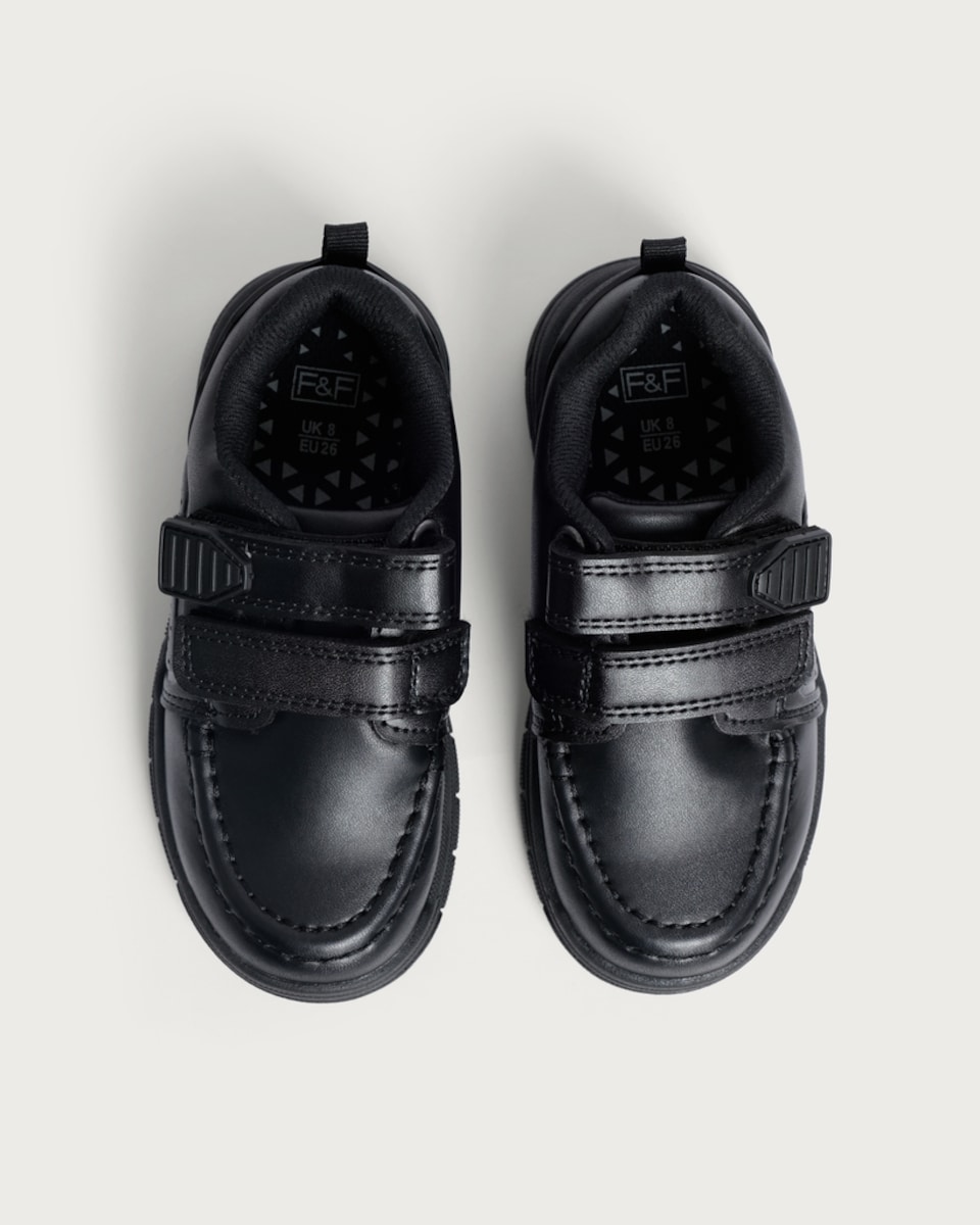 image 1 of F&F Boys Perforated Strap Touch Fastening Formal Shoes in Black