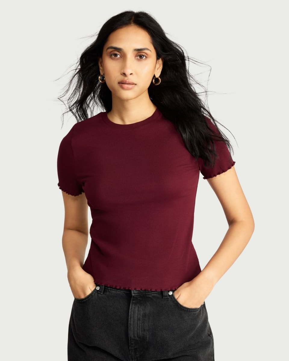 image 1 of F&F Cotton Rich Lettuce Hem T-Shirt in Burgundy