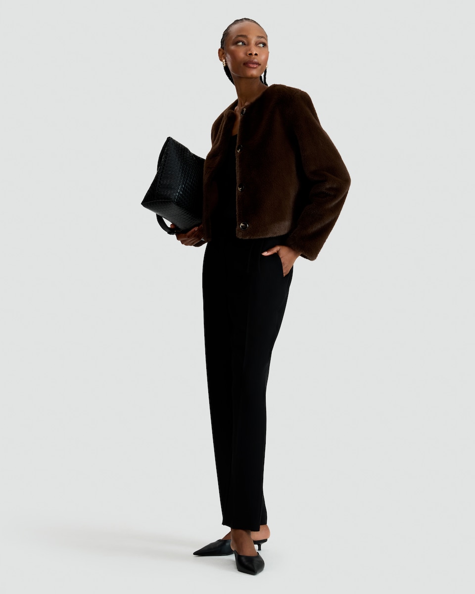 image 1 of F&F Faux Fur Cropped Buttoned Jacket in Brown