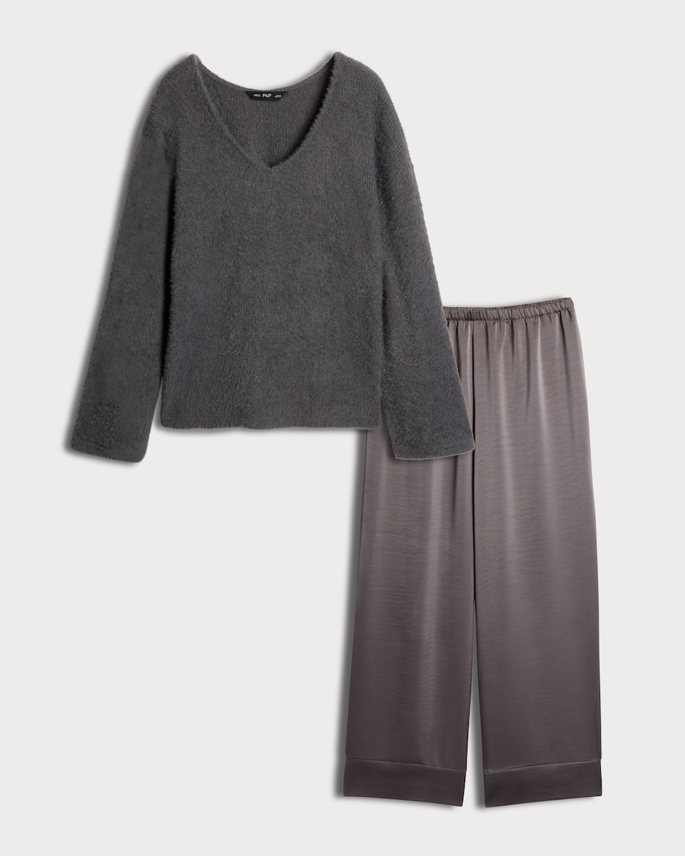 image 1 of The F&F Edit Snit Textured Jumper and Satin Trousers Pyjamas in Grey