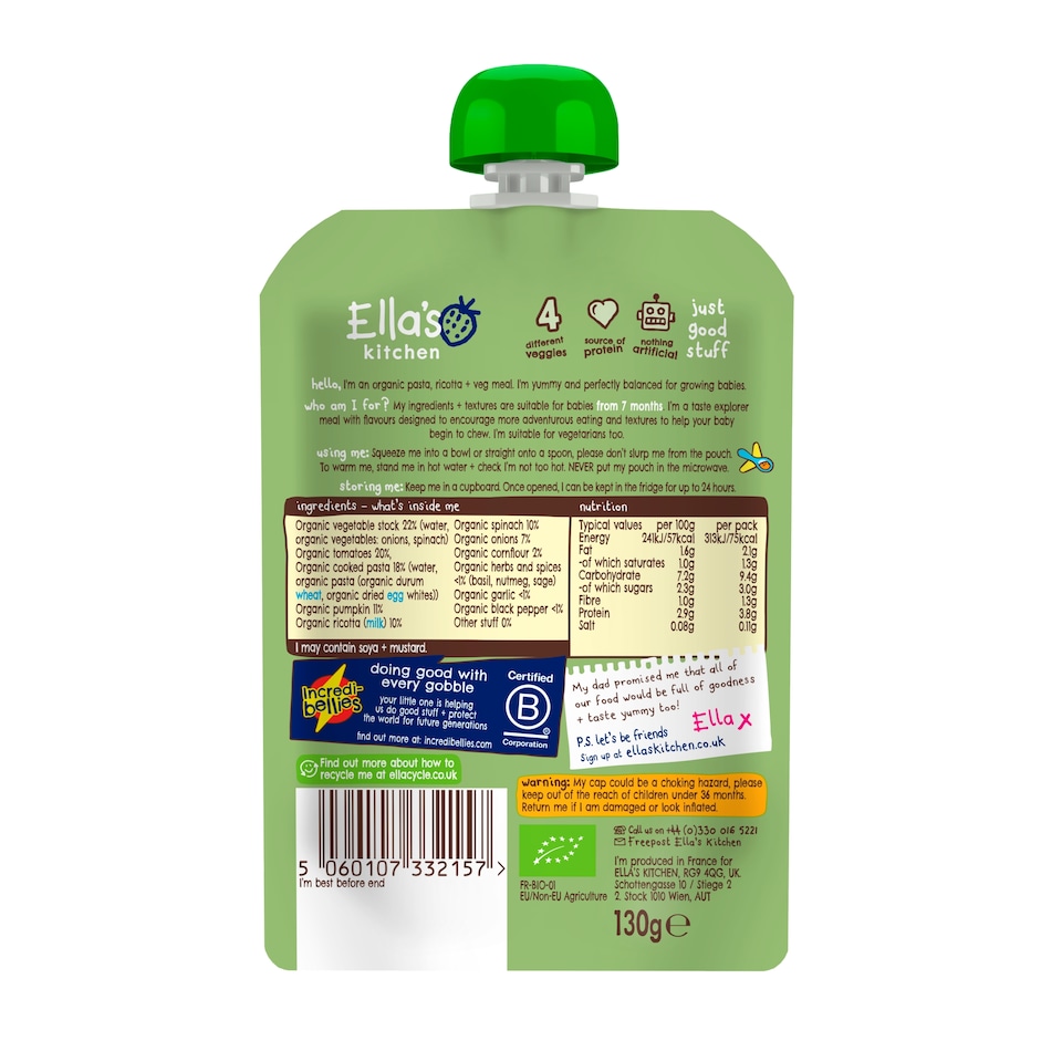 image 1 of Ella's Kitchen Organic Spinach and Ricotta Pasta Baby Pouch 7+ Months 130g 